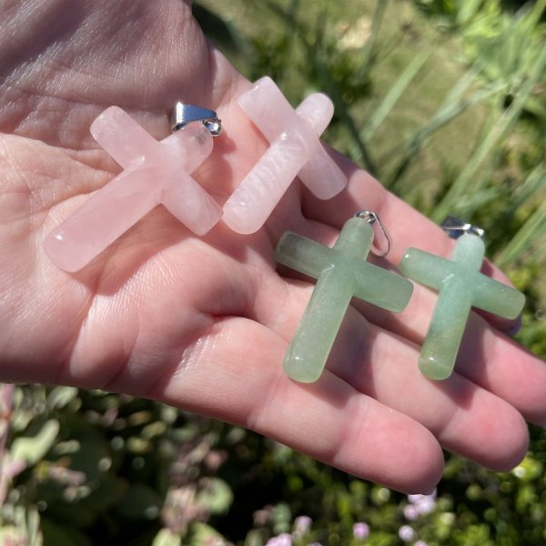 rose quartz cross pendants and green aventurine cross pendants