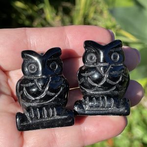 crystal owls in black obsidian