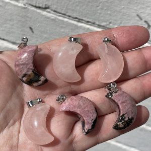 rose quartz and rhodonite moon pendants