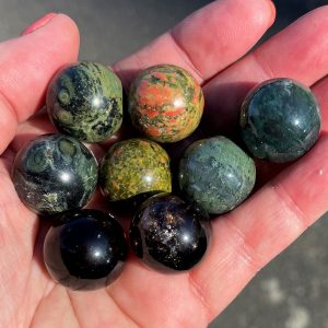mini spheres in unakite, kambaba stone, moss agate, smoky quartz quartz