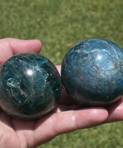 blue apatite polished specimen and green apatite polished crystal