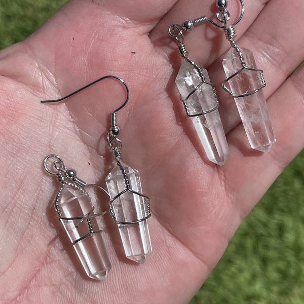 clear quartz earrings in metal settings