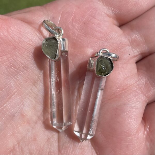 moldavite silver pendant with clear quartz