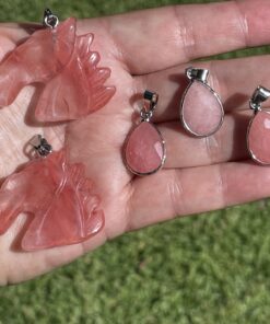 strawberry quartz pendant as tear form and horse head