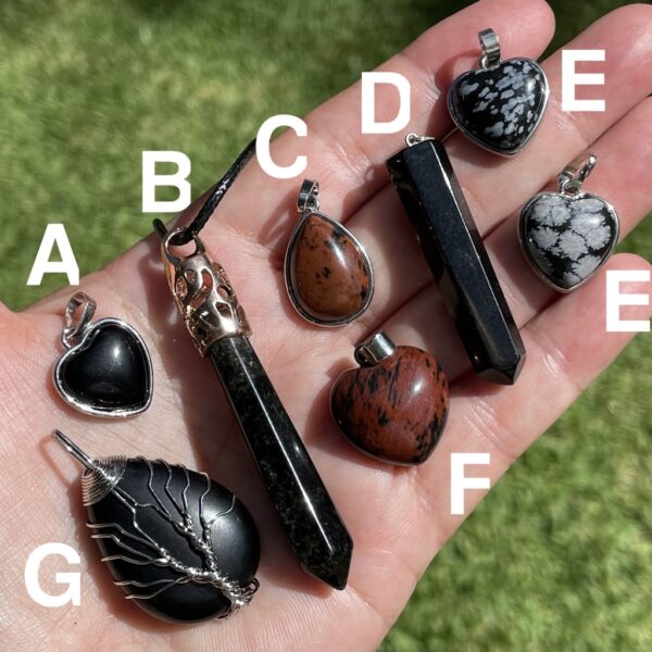 obsidian pendant in heart, wire wrap tree, drop and tear